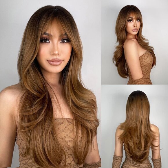 New NAYASA Light Brown Auburn Wig with Bangs, 24‘’ Ombre Brown Wig w/Dark Roots - Picture 1 of 1